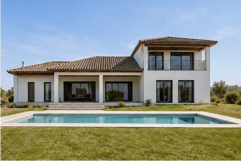 Villa Camino o Villa Monte de Bareyo Residences en primavera, jardín verde y piscina privada, luz de última hora de la tarde