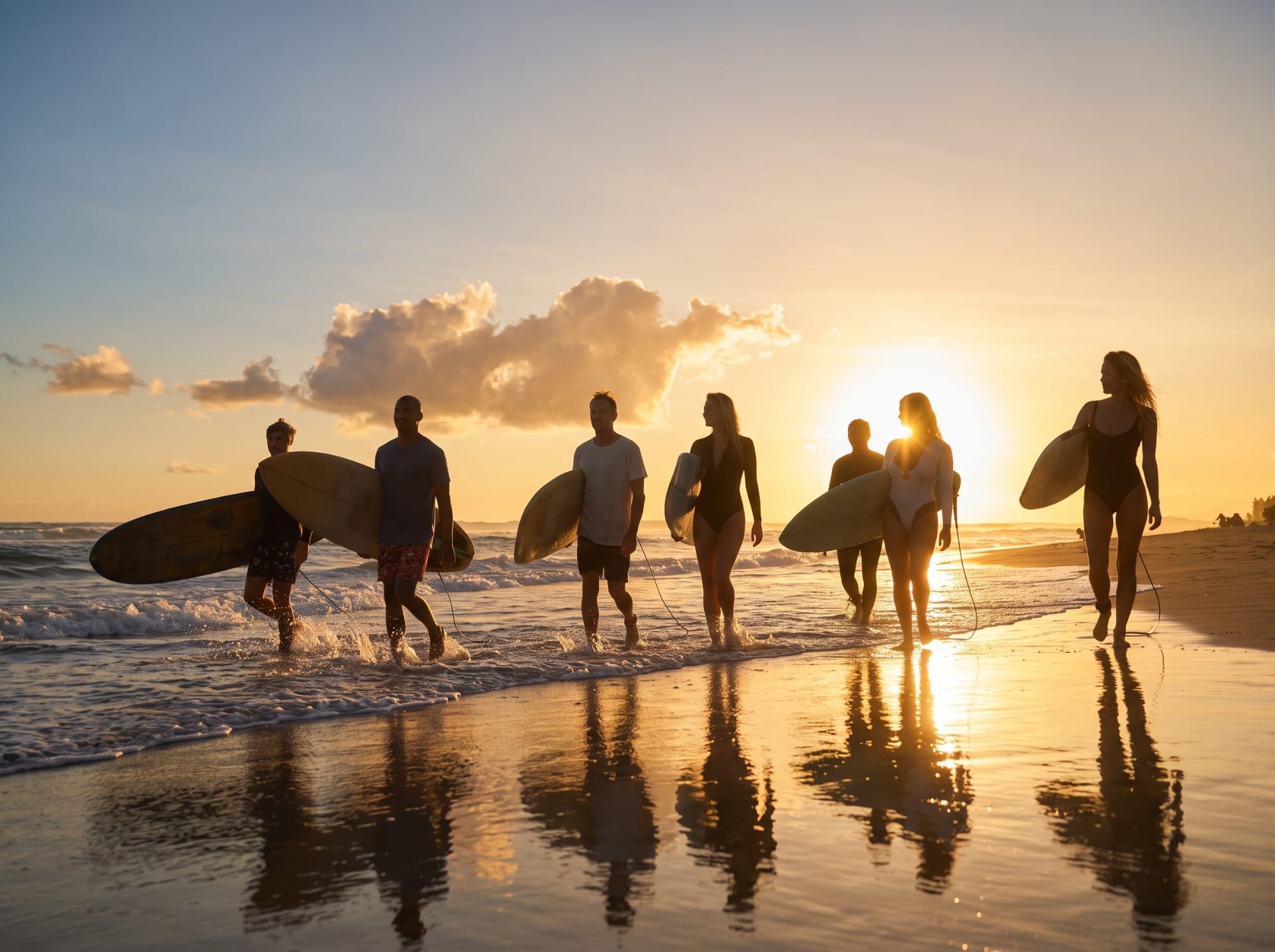 Grupo de amigos caminando hacia la playa de Ajo con tablas de surf al amanecer, luz suave de otoño