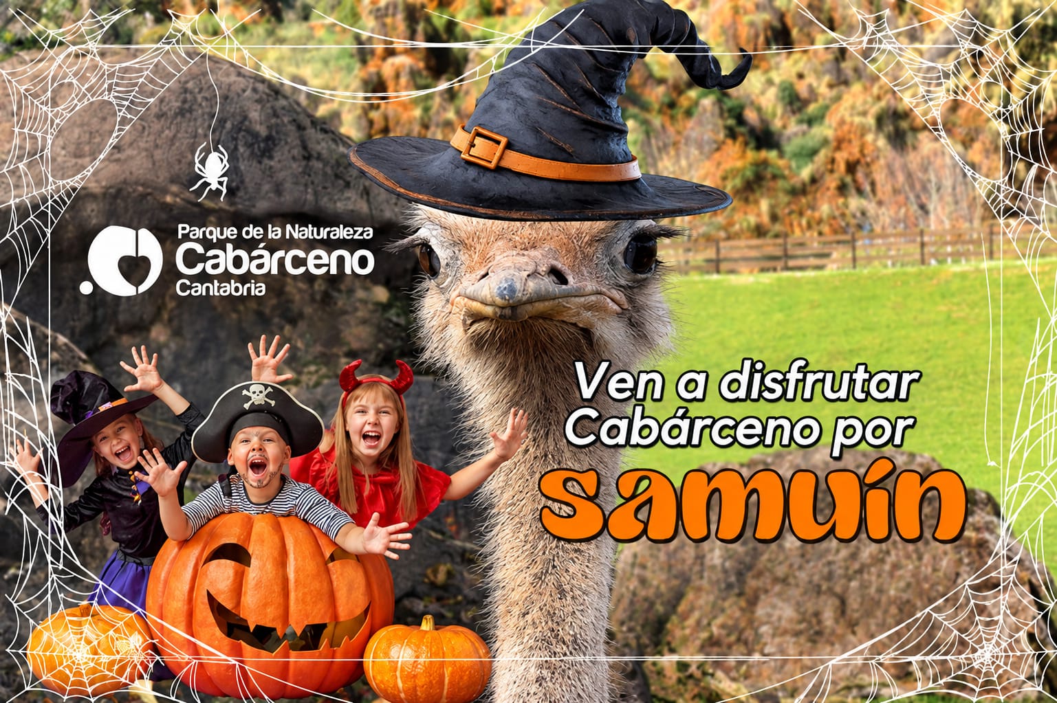 Entrada del Parque de la Naturaleza de Cabárceno de noche, iluminada con calabazas y ambientación de misterio para la fiesta de Samuín