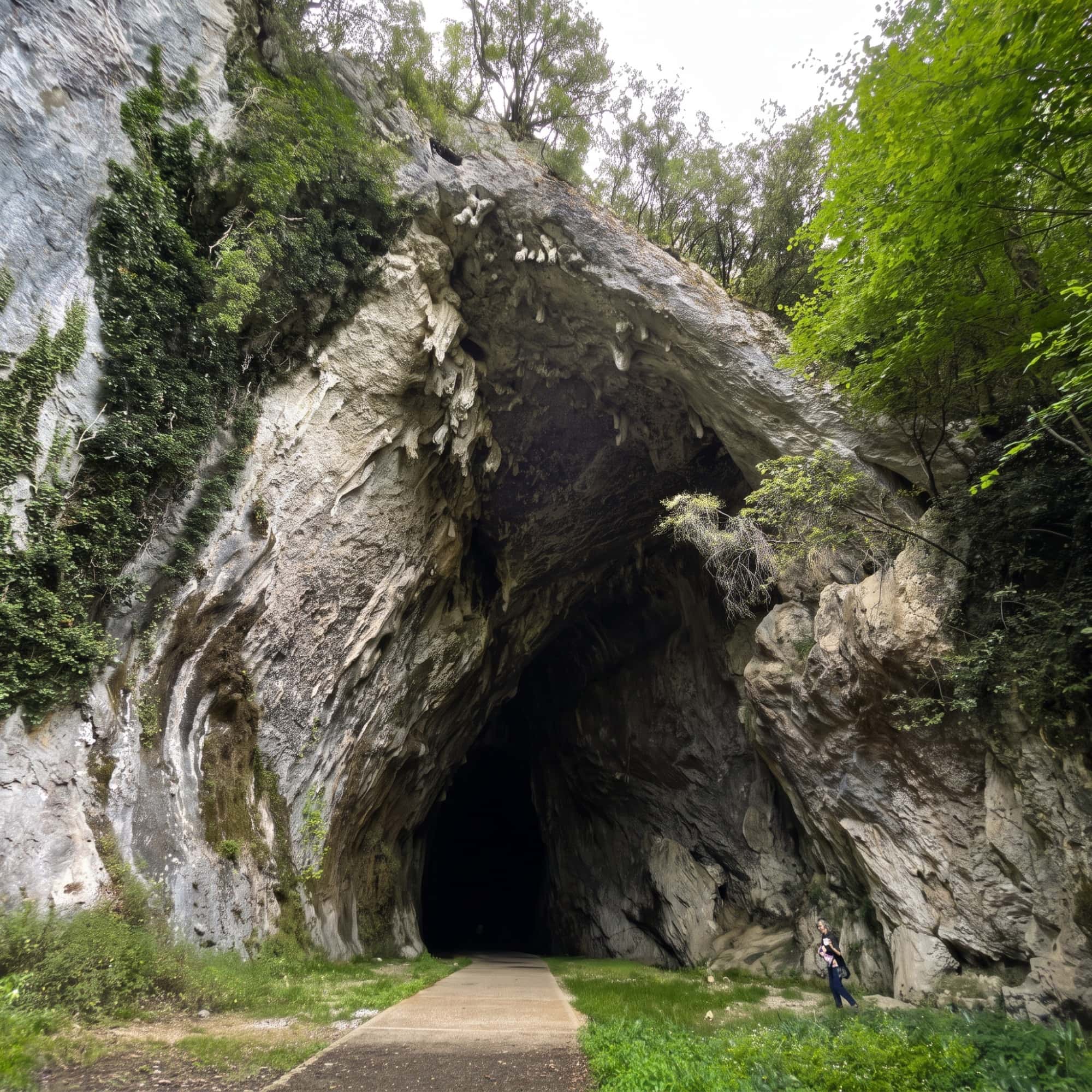 Hillside and outside entrance of the Covalanas cave among vegetation, wide shot