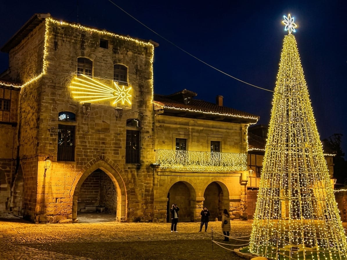 Straße oder Platz in einem kantabrischen Dorf mit eingeschalteter Weihnachtsbeleuchtung in der Abenddämmerung