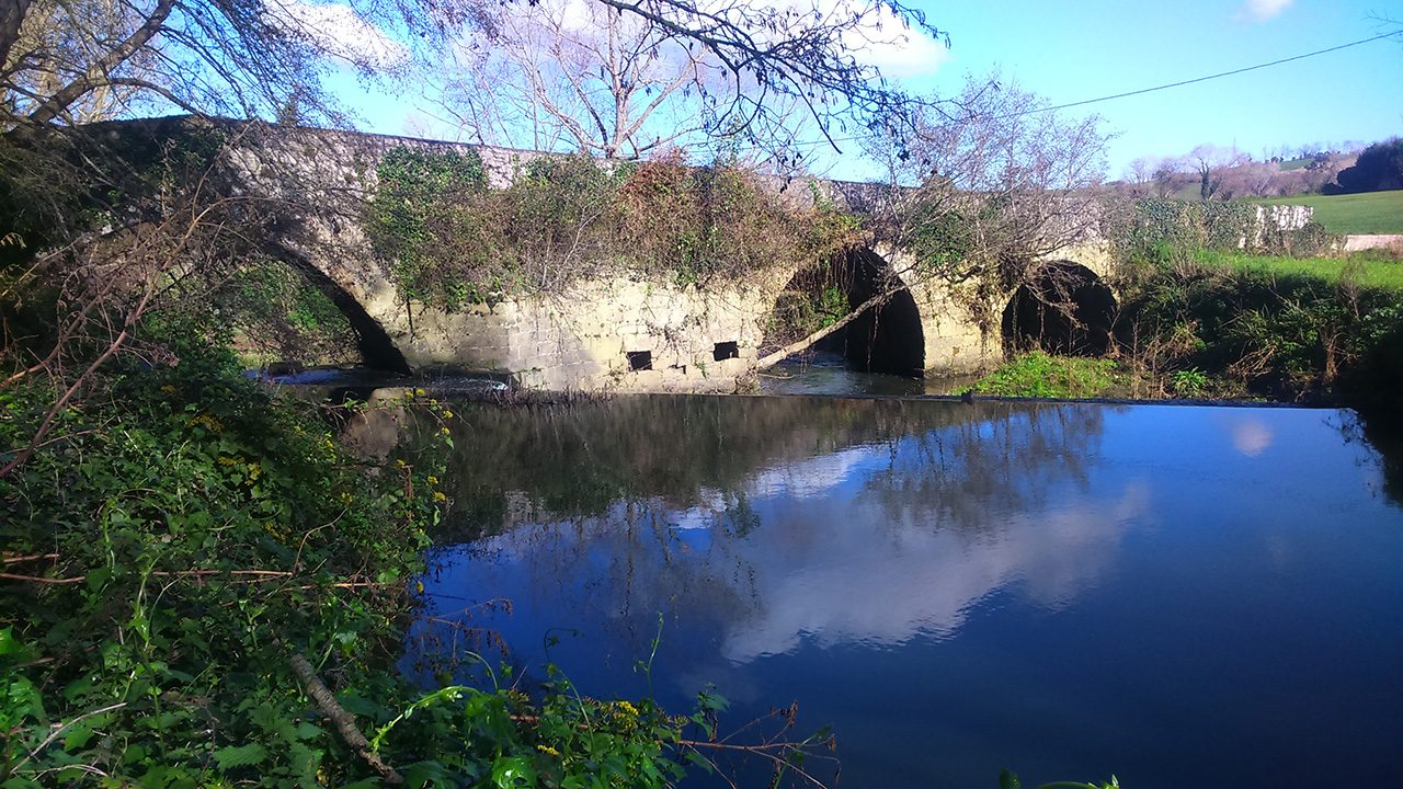 Sentier de terre le long du marais de l'estuaire d'Ajo avec un panneau du chemin de Saint-Jacques