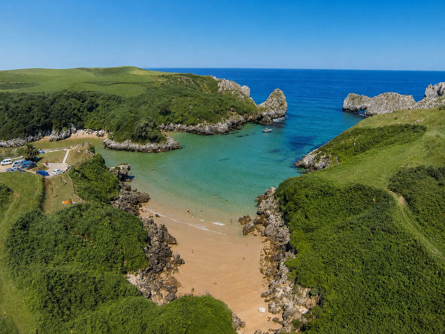 General view of Berellín cove from the viewpoint, karst rock and sea, morning light.