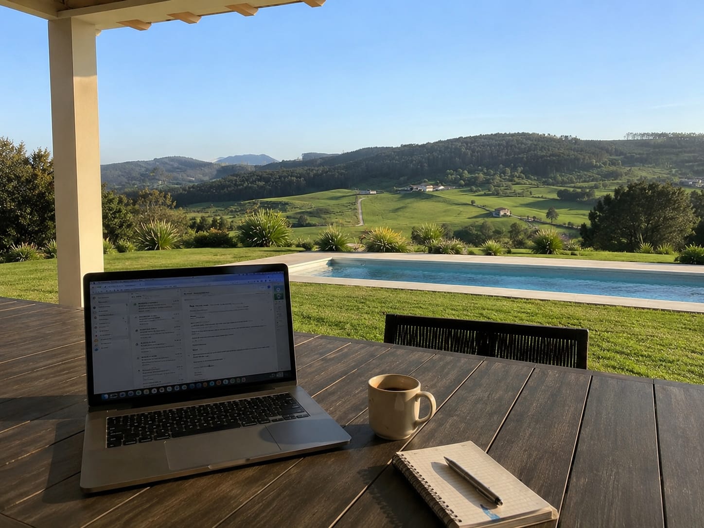 Villa Camino ou Villa Monte de Bareyo Residences au coucher du soleil de septembre : piscine privée et jardin propre, lumière chaude de fin d'après-midi, personne alentour.