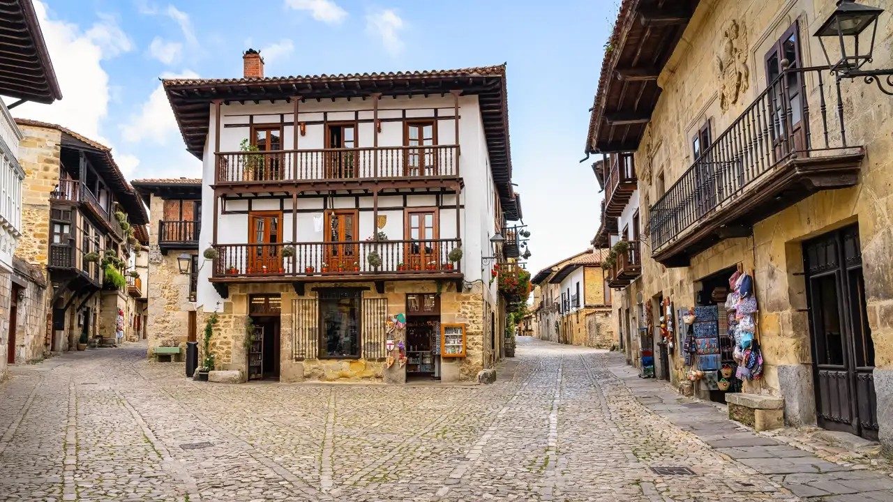General view of a cobbled street in the old town of Santillana del Mar, with stone mansions