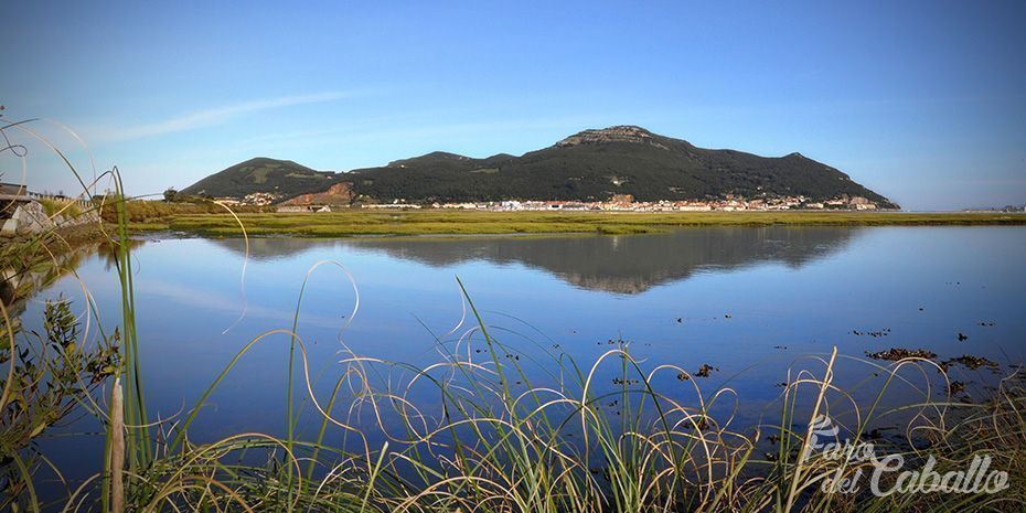 View of the bay and marshes of Santoña from the water, with Monte Buciero in the background.