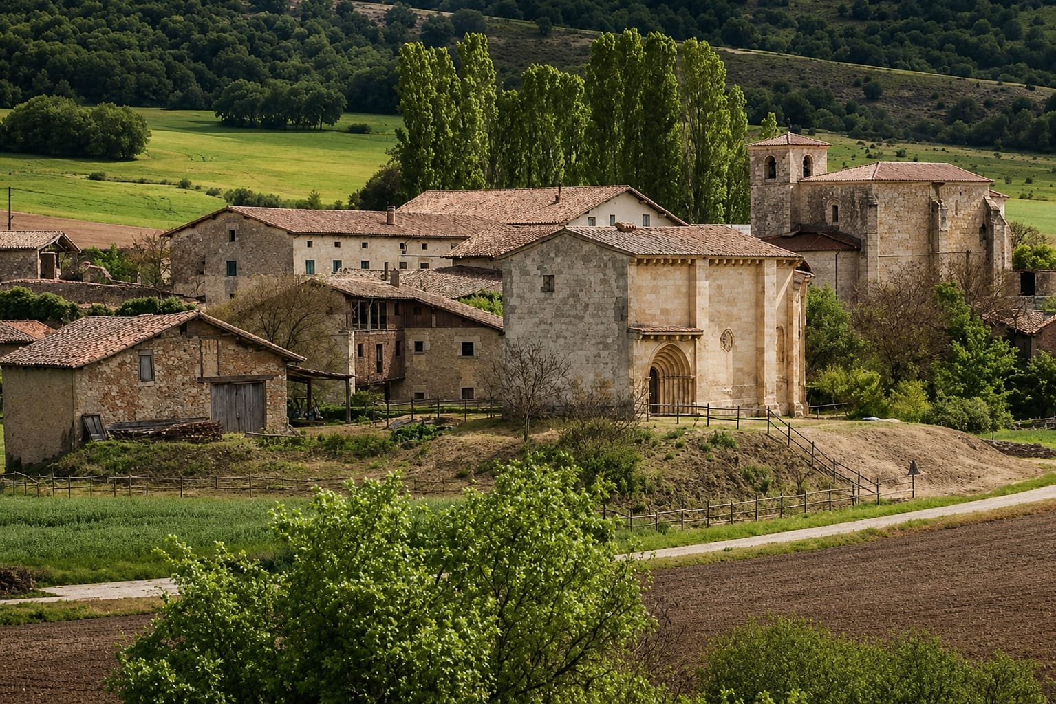 Vue générale du quartier d'Ajo à Bareyo, avec l'ermitage de San Pedruco entre maisons et champs, par une journée ensoleillée de septembre