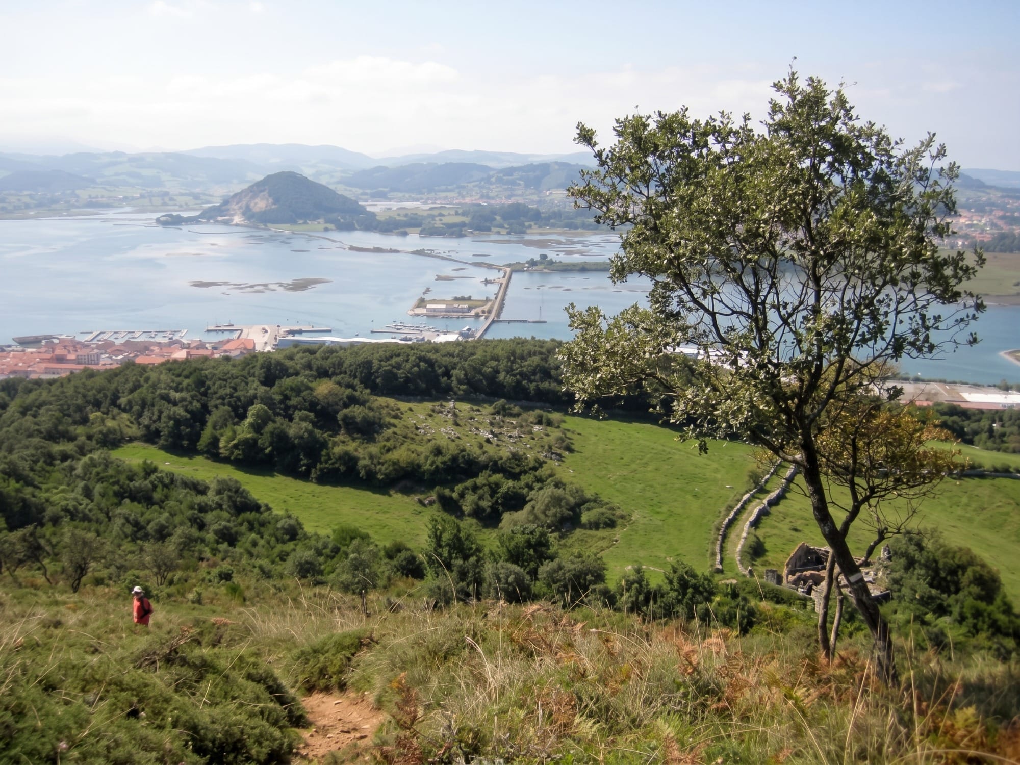 Sendero entre encinas cantábricas en el Monte Buciero con vistas a la bahía de Santoña