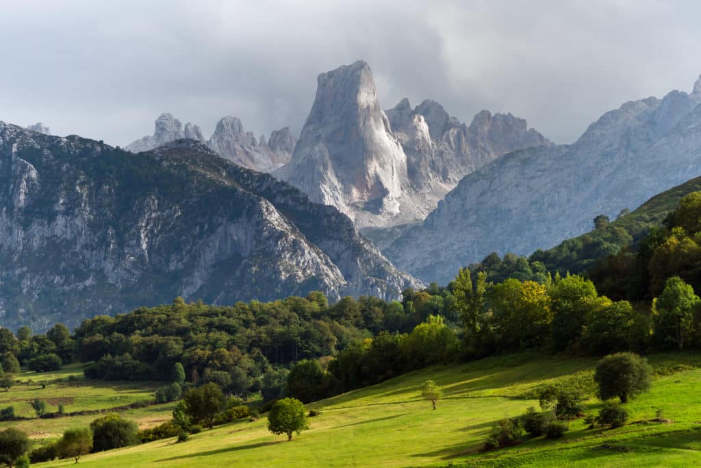 Picos de Europa, gesehen von Liébana oder den Höhen von Alto Campoo, Berglandschaft am späten Nachmittag.
