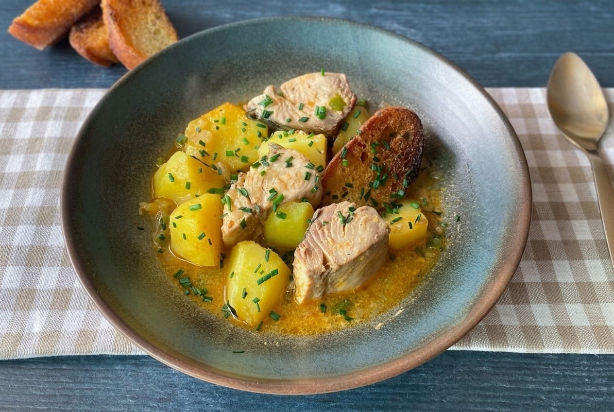 Cazuela de sorropotún con bonito, patata y cebolla recién servida, primer plano