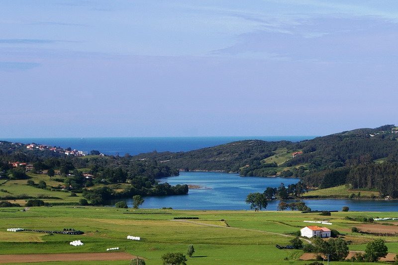 General view of Ría de Ajo from the footpath at low tide, with Cantabrian oak woodland in the background.