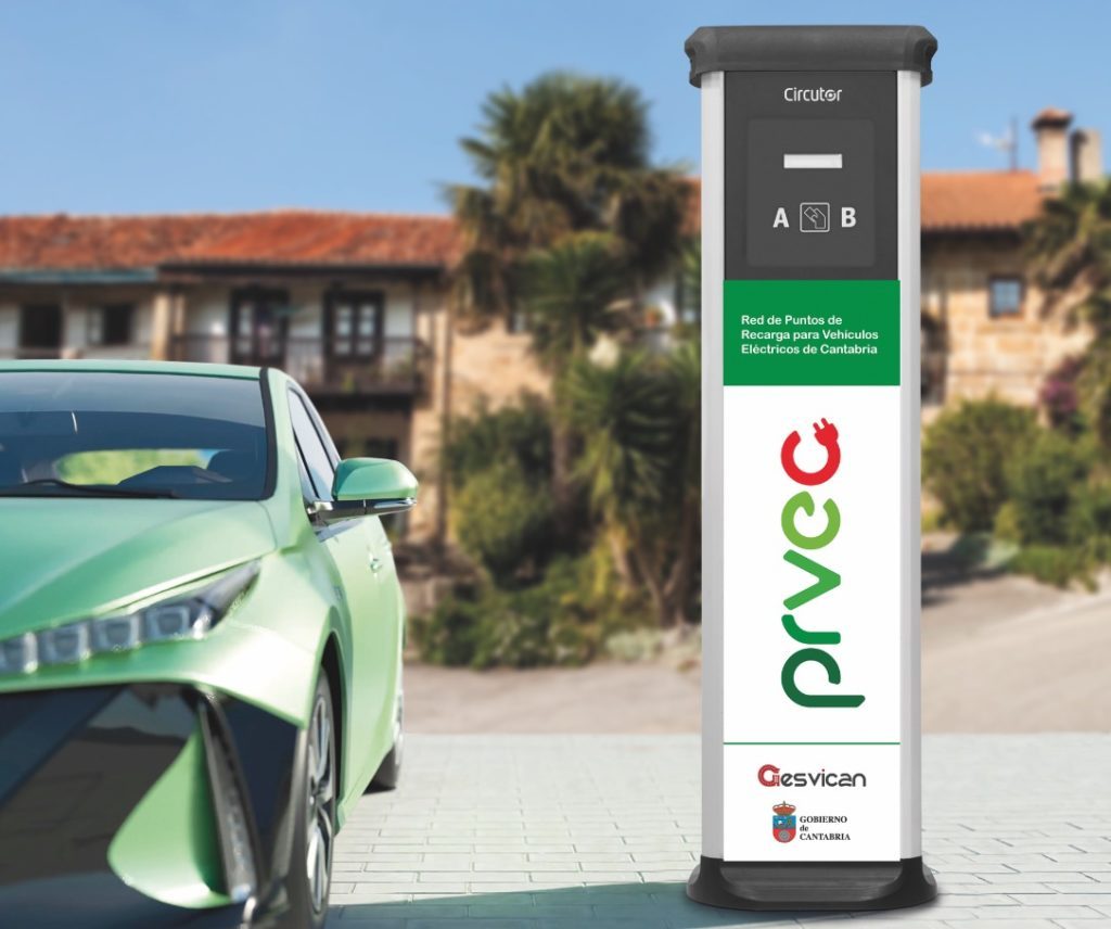 A Type 2 electric charging post in a public car park at a small town hall in Cantabria