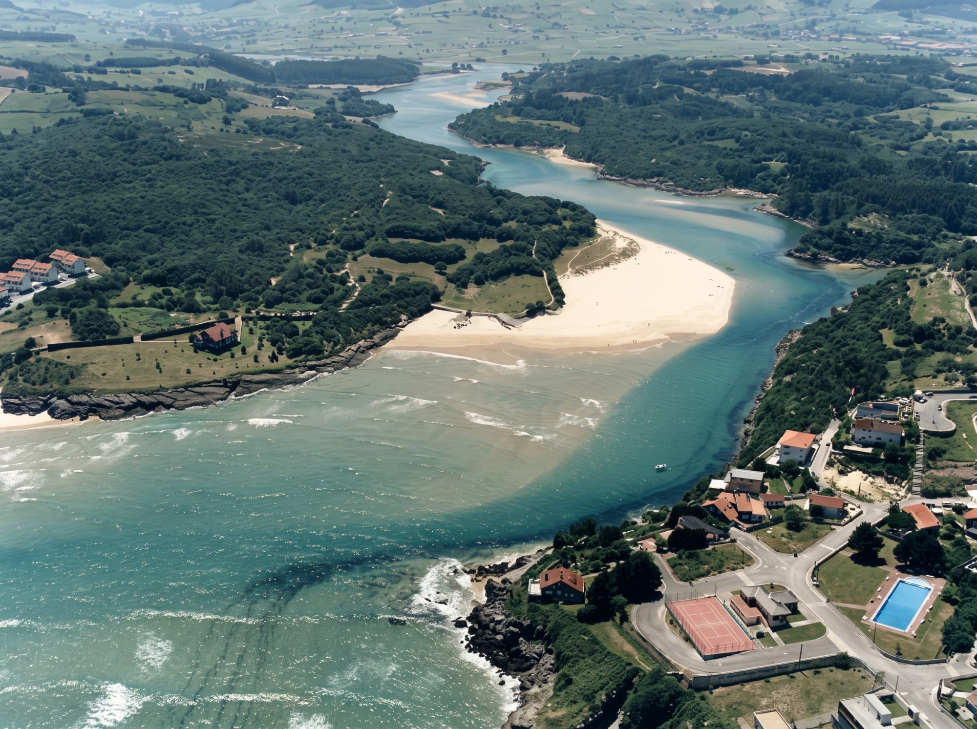Strand La Arena in Isla bei Ebbe, mit offenem Sandstrand und Steineichenwald im Hintergrund