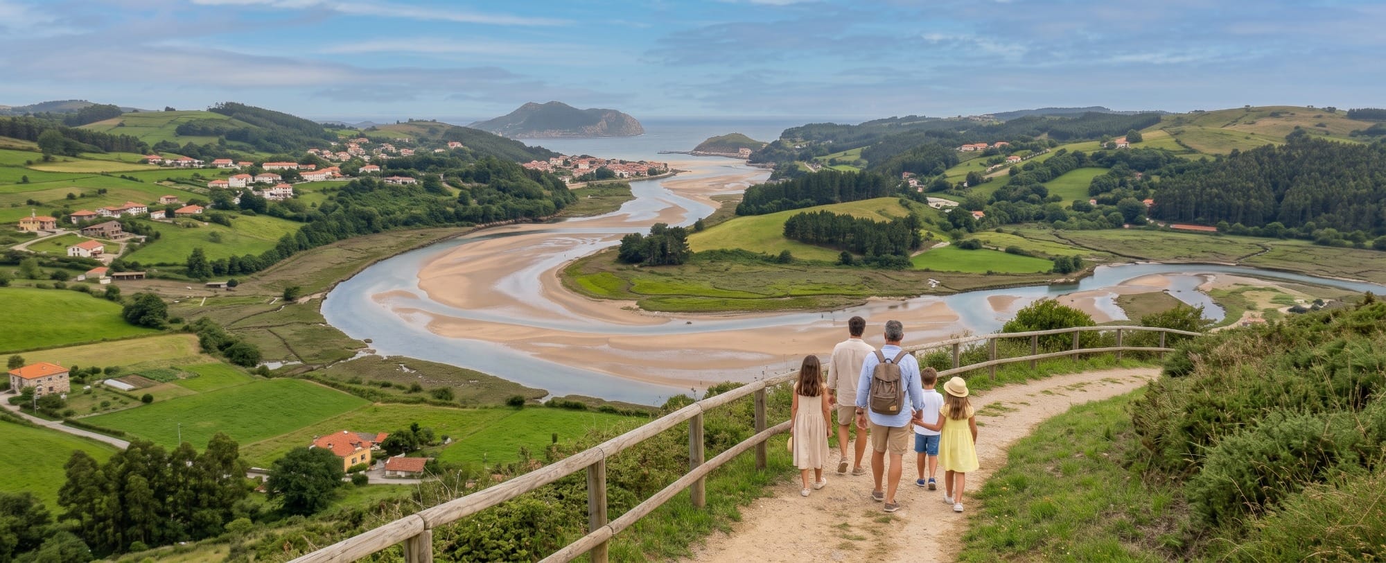 Familia paseando junto a la ría de Ajo con marisma y prados al fondo, luz de otoño.