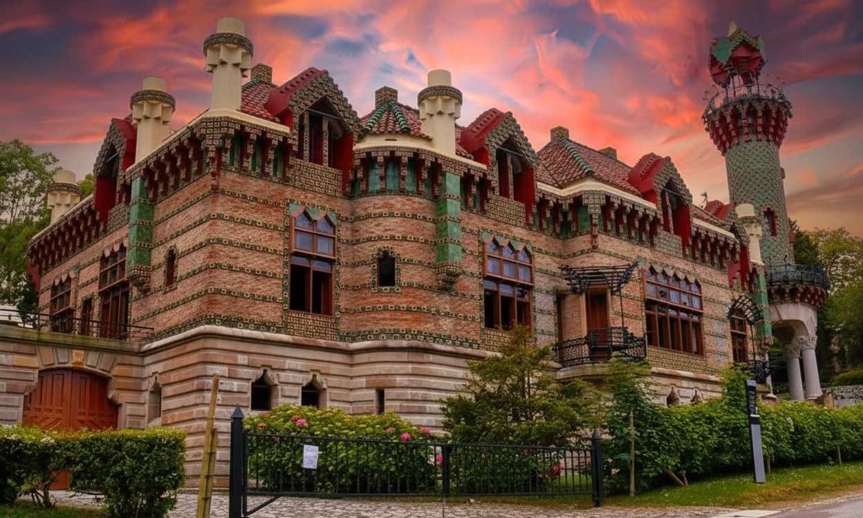 El Capricho de Gaudí con su torre cilíndrica, luz de mañana